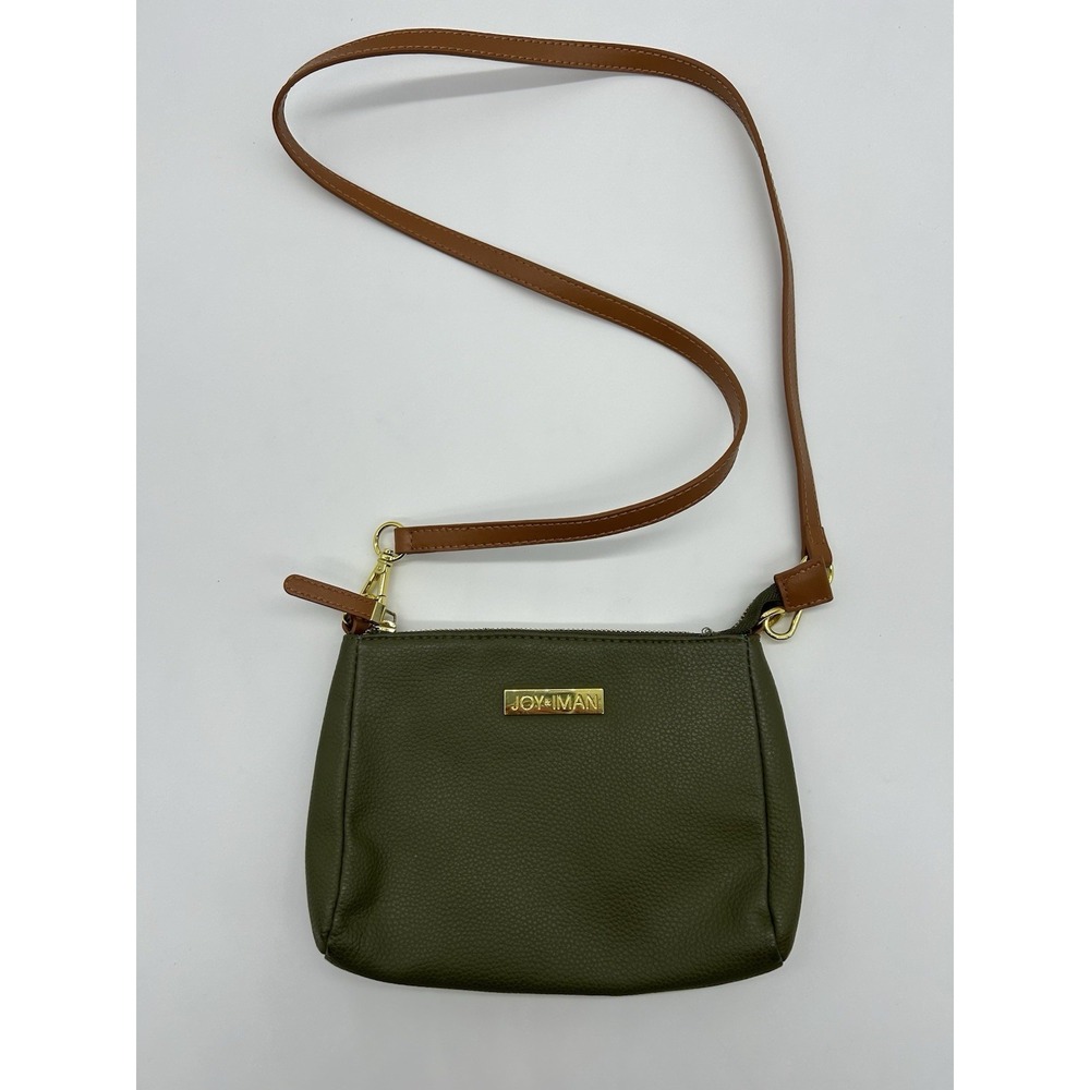 JOY & IMAN Leather Crossbody Purse Bag Green Tan Small Removable Strap